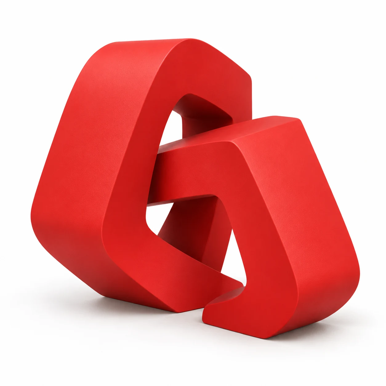 Two red architectural forms interlocking into one structure